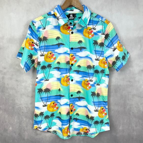 Neff Men Shirt L Rubber Duck Print Cotton Button Front Tropic Surf Beach Novelty - Picture 1 of 7
